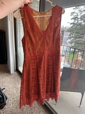 Francesca's Collections Rust Lace V-Neck Mini Dress